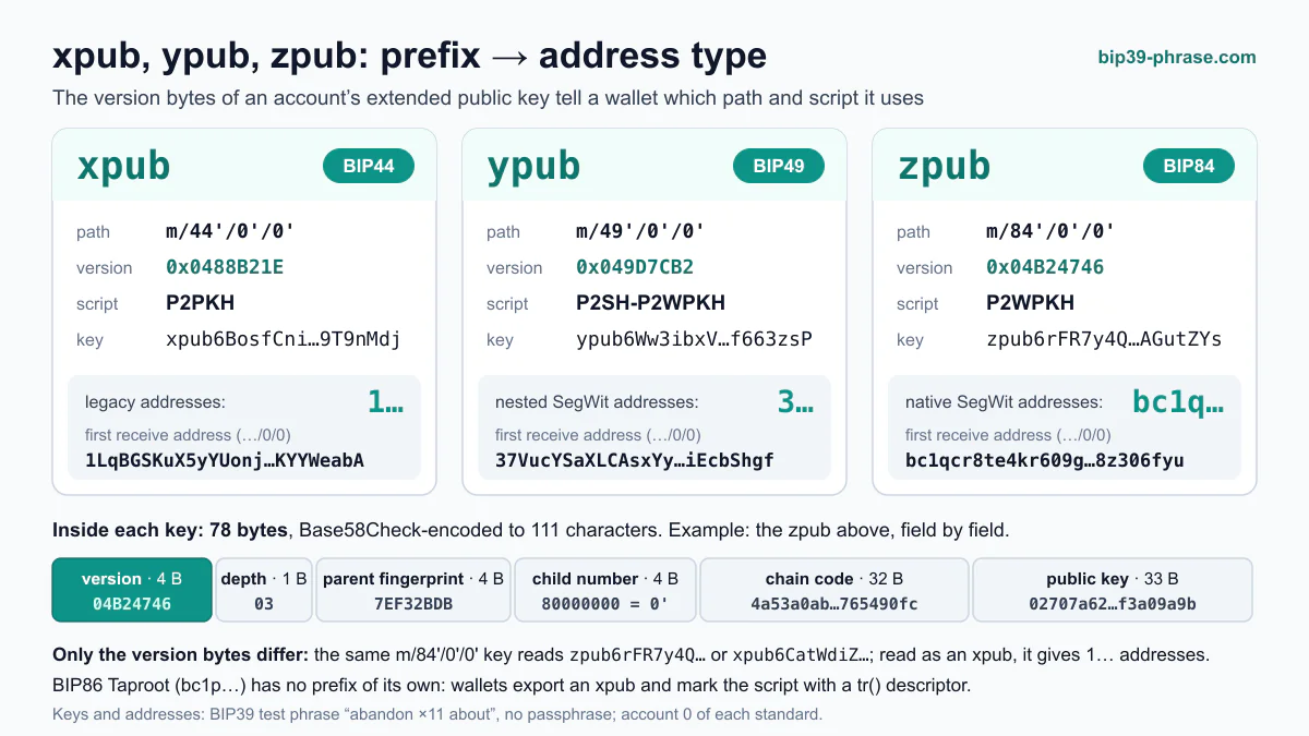 Comparison of xpub, ypub and zpub: version bytes 0x0488B21E, 0x049D7CB2 and 0x04B24746, BIP44, BIP49 and BIP84 account paths, addresses starting with 1, 3 and bc1q, and the 78-byte layout of an extended key.