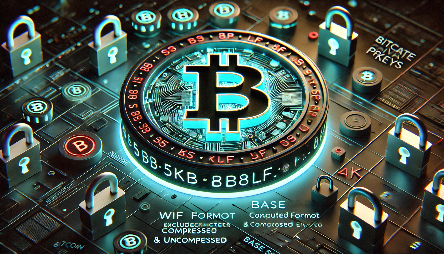 Bitcoin private key in WIF format with Base58 characters, excluded symbols 0/O/I/l crossed out, and blockchain security elements on dark background