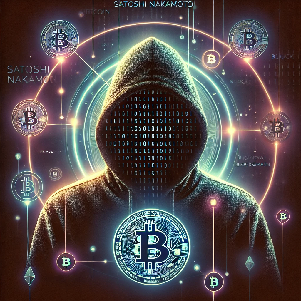 Who is Satoshi Nakamoto in a visual representation of Bitcoin's mysterious origins.