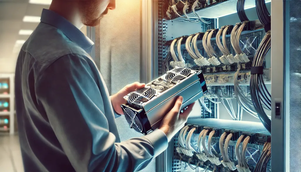 A technician installing an ASIC miner into a server rack