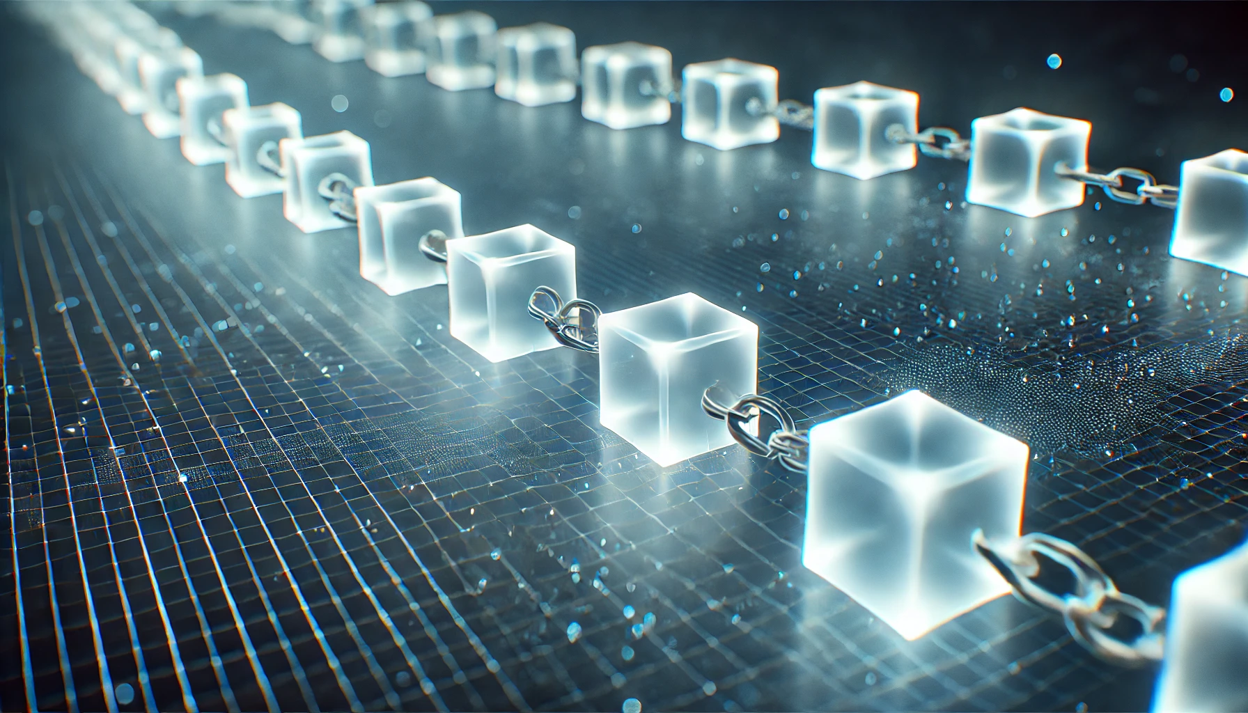 An abstract chain of interconnected glowing cubes representing blockchain data Title: Abstract Blockchain Visualization