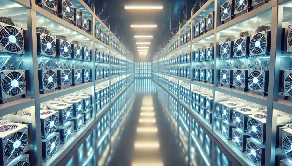 A large facility filled with rows of Bitcoin mining machines