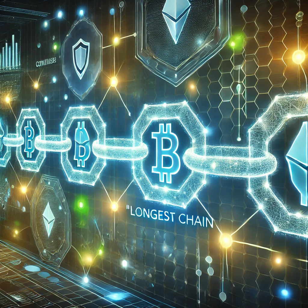 Illustration of the longest chain in blockchain technology, showing interconnected glowing blocks in blue and green, with a futuristic digital background and elements representing security and consensus, such as shields and network nodes.