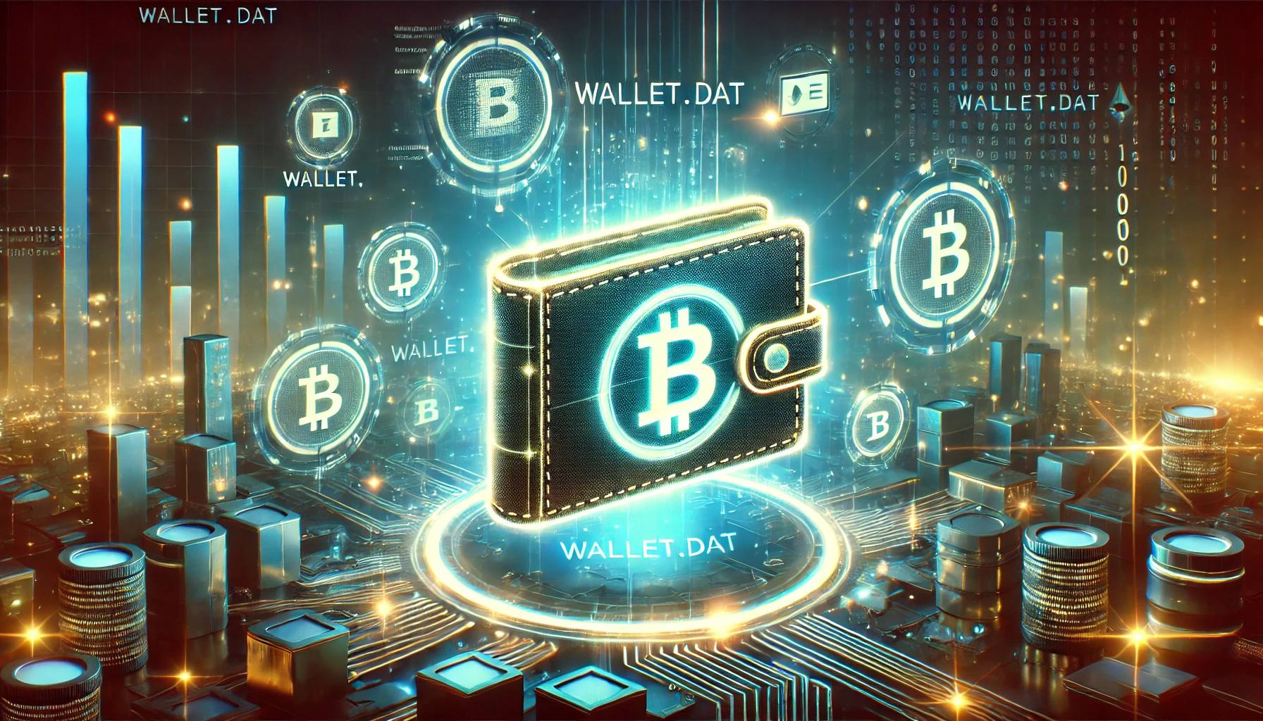 A glowing cryptocurrency wallet surrounded by floating encrypted 'wallet.dat' files, with a futuristic cityscape in the background featuring neon lights.