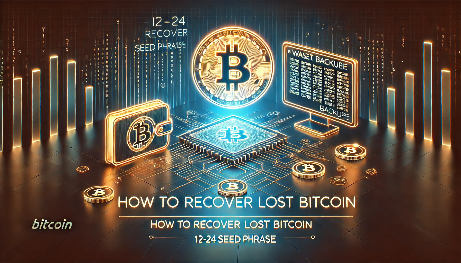 A sleek, modern Bitcoin recovery guide with a glowing Bitcoin logo, wallet backup, and a seed phrase displayed against a dark, tech-inspired background.