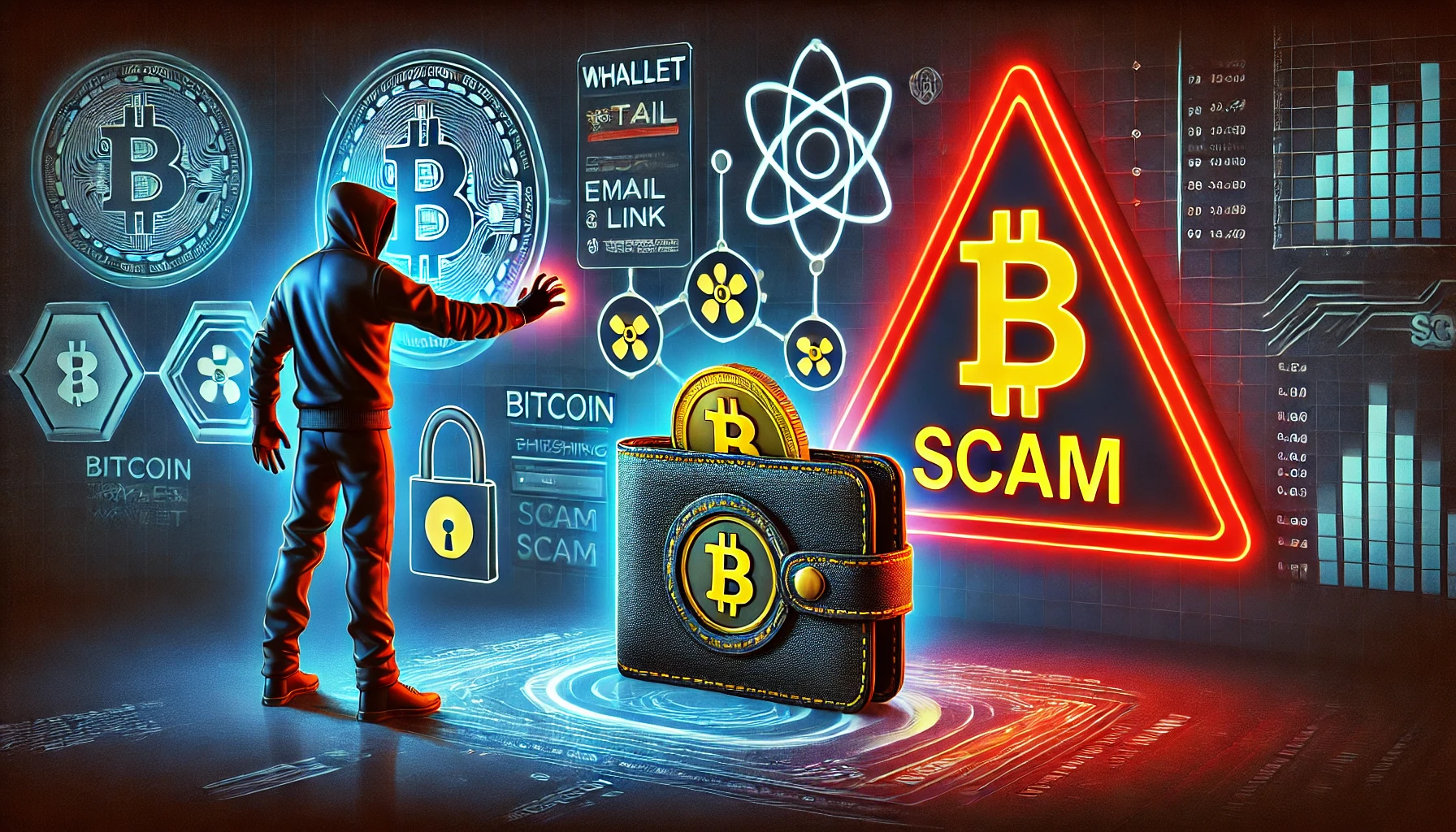 A thief attempting to steal a cryptocurrency wallet with a phishing attack, symbolized by a warning triangle with 'SCAM' written inside, displayed on a computer screen with a Bitcoin logo.