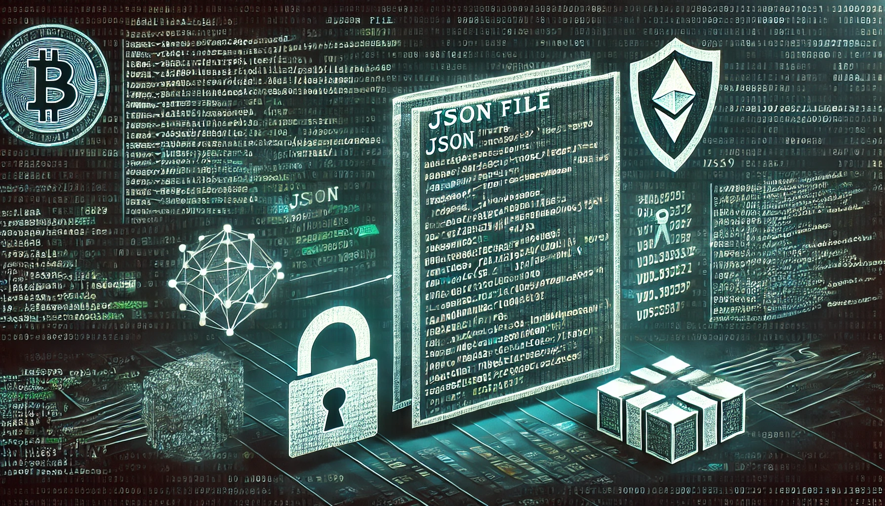 A digital representation of a JSON wallet structure with encrypted data, featuring a lock and shield icon symbolizing security. The background includes abstract coding elements and binary data