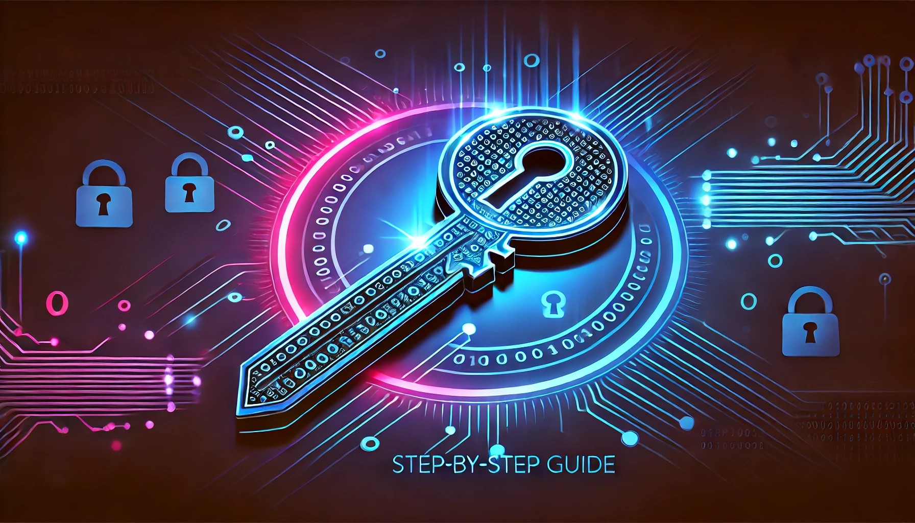 A futuristic illustration featuring a glowing neon-blue key emerging from binary code and a password box icon, symbolizing digital security, with a tech-inspired background of navy blue to black gradients and subtle glowing circuits.