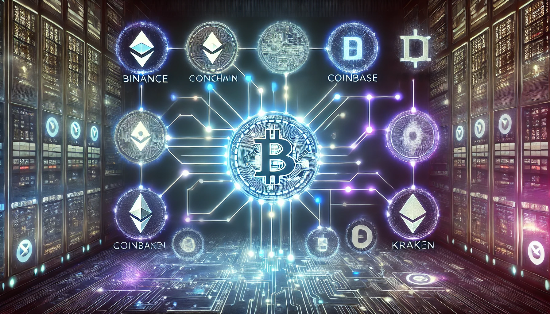 Digital artwork featuring interconnected blockchain lines and cryptocurrency exchange logos with a glowing, futuristic design.