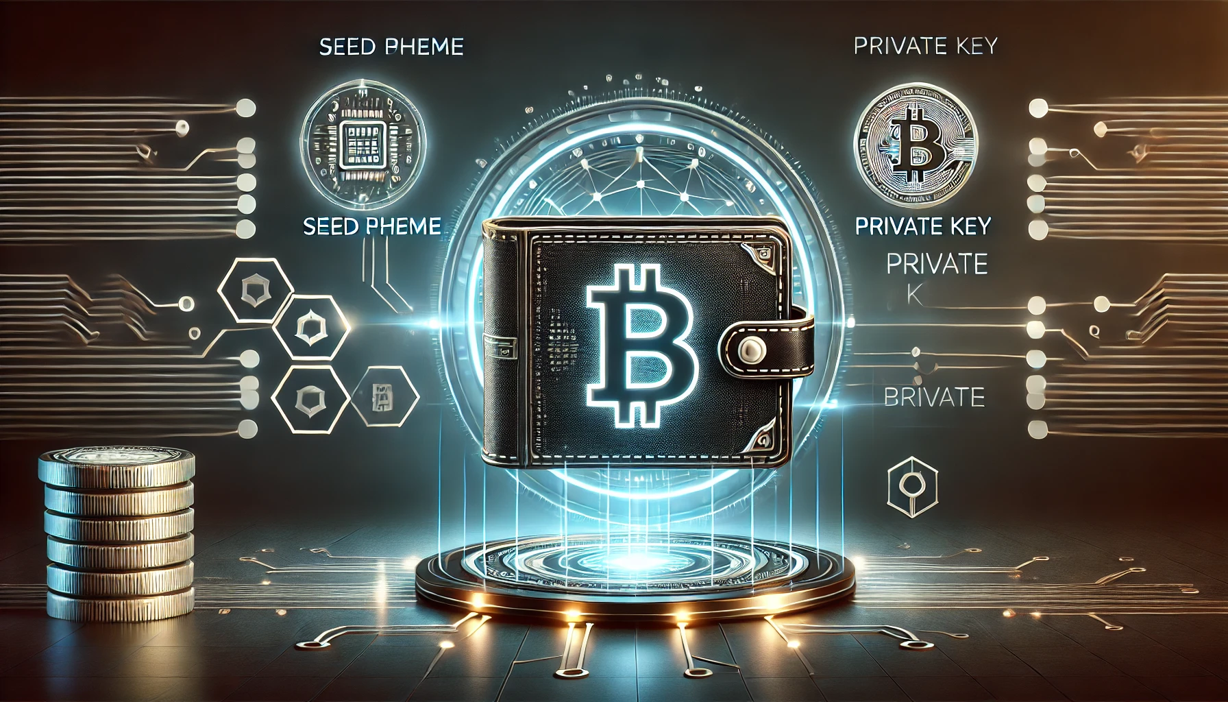 Cryptocurrency wallet with seed phrase and private key displayed on a secure digital screen, surrounded by glowing blockchain symbols and circuit patterns, against a dark futuristic background