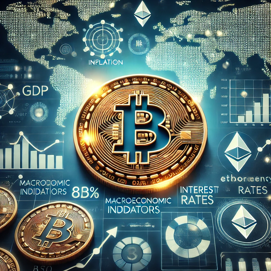 An infographic showing macroeconomic indicators like GDP, inflation, and interest rates, combined with cryptocurrency symbols such as Bitcoin and Ethereum, on a world map background, illustrating their global impact on digital finance.