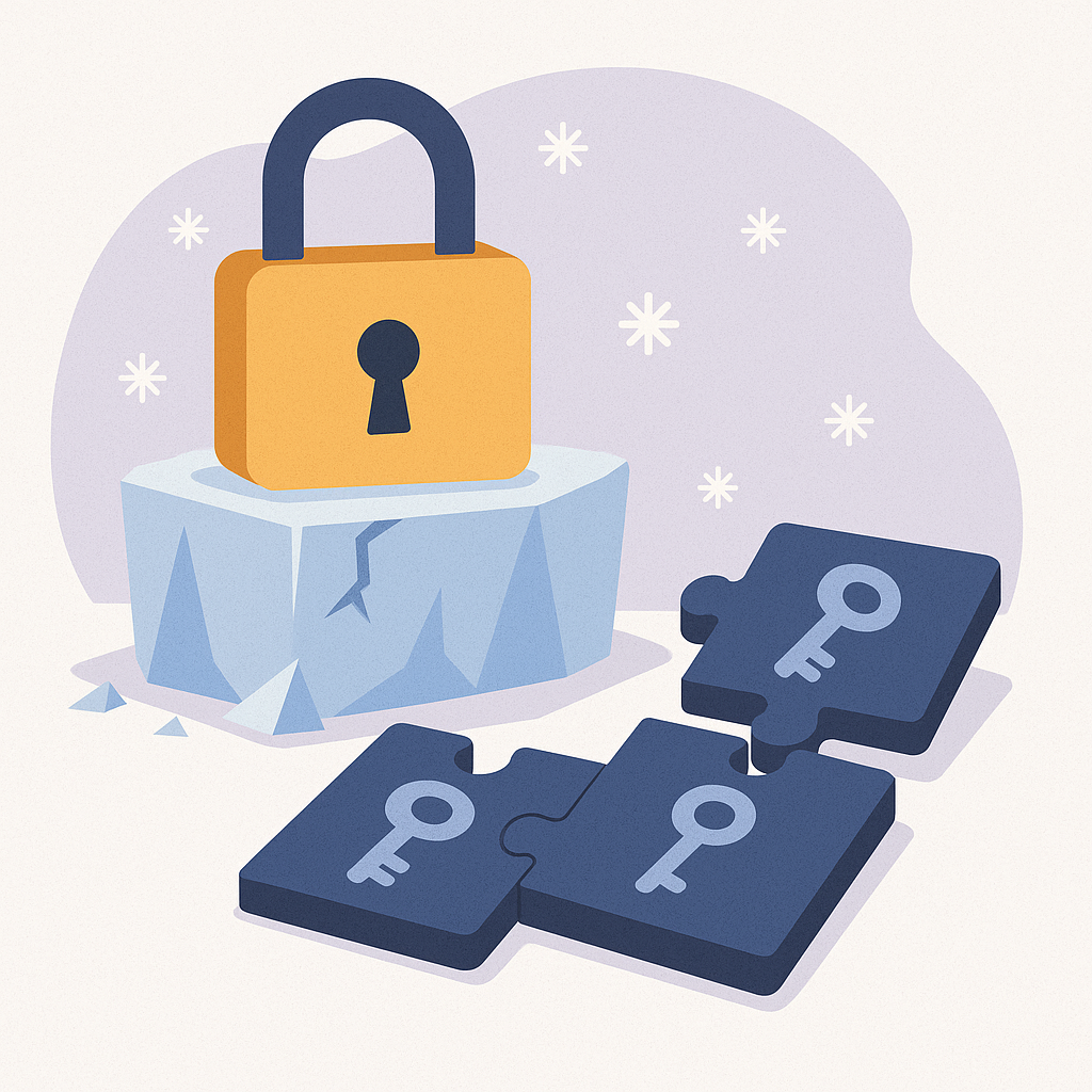 Illustration of a frozen padlock on an ice block with puzzle pieces representing sharded private keys