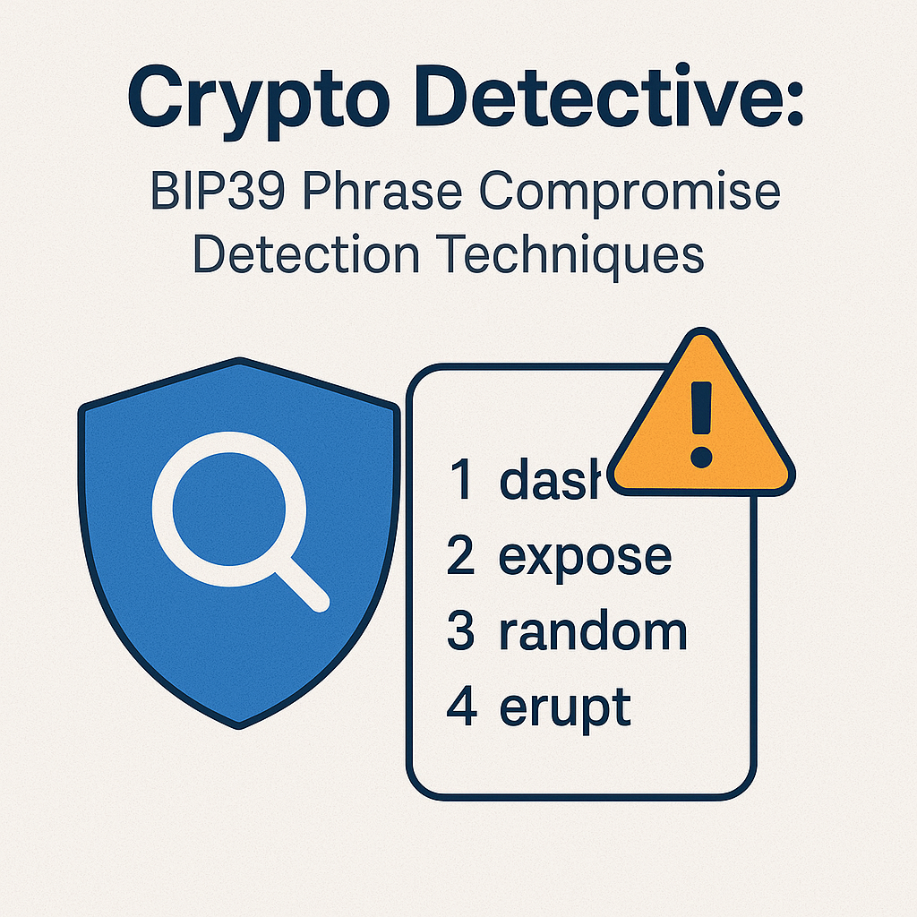Flat-design illustration with a blue shield and magnifying glass icon, a seed phrase word list, and an orange warning triangle indicating BIP39 phrase compromise detection.