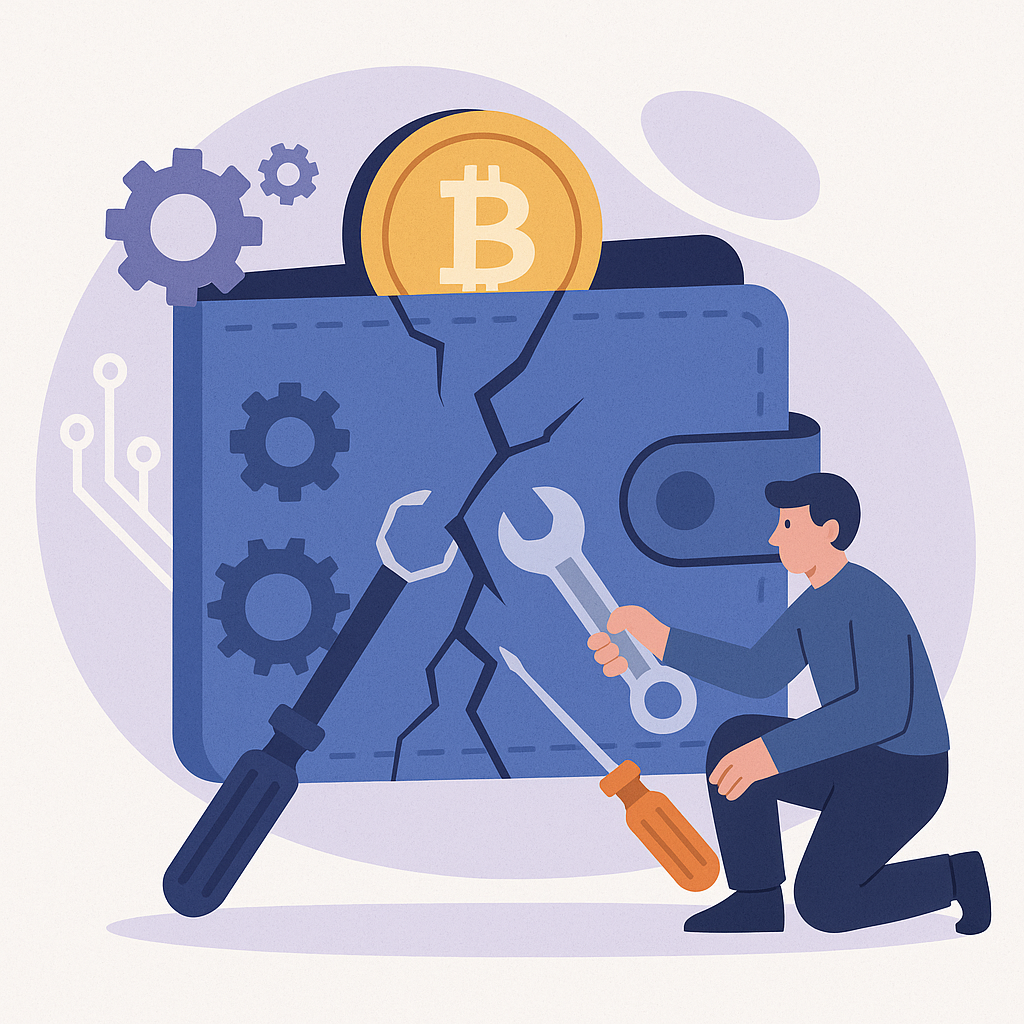 Illustration of a person repairing a broken digital crypto wallet with tools, symbolizing cryptocurrency maintenance