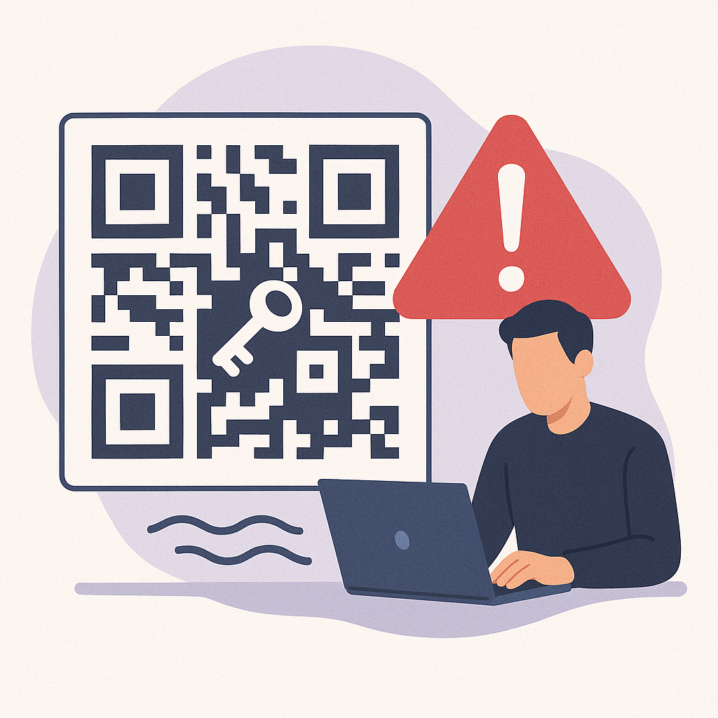 Illustration of a person generating a QR code with a key symbol on a laptop, next to a warning sign