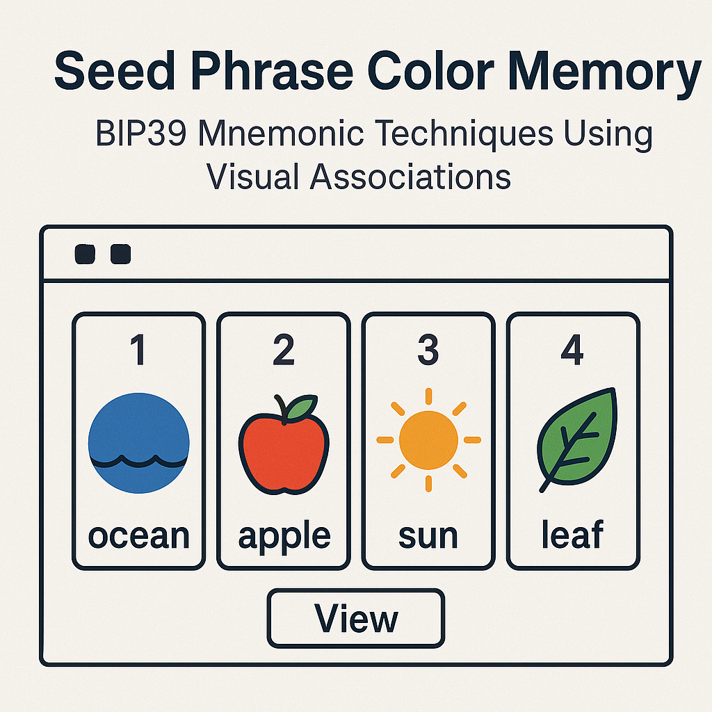 Infographic showing four BIP39 seed phrase words—ocean, apple, sun, and leaf—each paired with colorful icons to enhance memory through visual association.